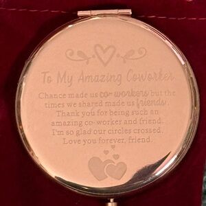 NWOT-Engraved Rose Gold Compact Pocket Mirror - “…Amazing Coworker…”